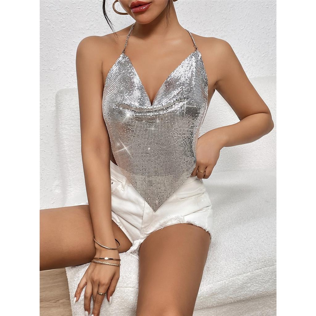 Top Argintiu cu Paiete pentru Femei, cu Gât Halter și Spate Decoltat cu Lanț, Crop Top din Plasă Strălucitoare, Bandană Top pentru Petrecere, Club, Ieșire în Oraș