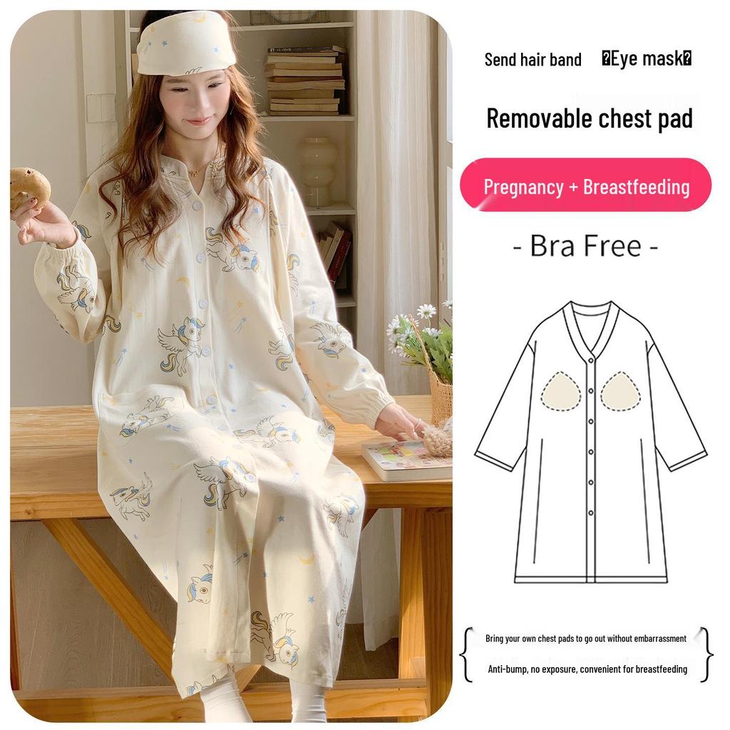 Plus Size Maternity Nightgown with Breast Pads for Postpartum, Spring, Summer, Autumn; Comfortable Labor Dress for Pregnant Women
