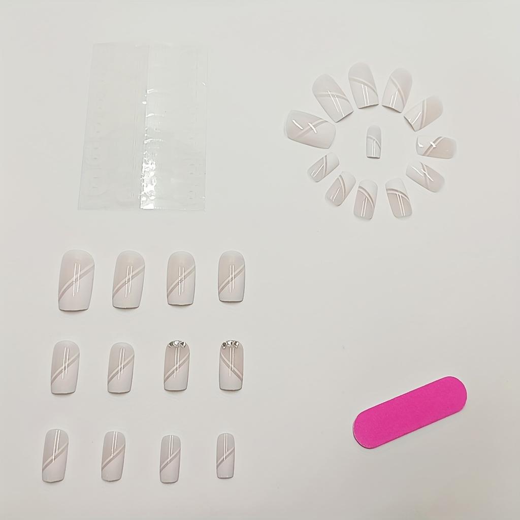24pcs Glamorous White Square Press-On Nails Kit with Sparkling Rhinestones  Jelly Glue  Nail File - Medium Length French Tip False Nails Set for Women