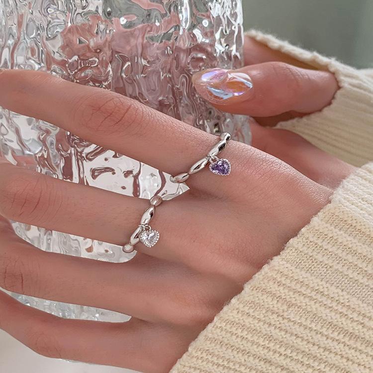 Adorable Heart Shaped Purple Diamond Chain Ring Stunning Geometric Design Women For