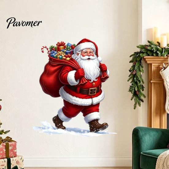 Festive Wall Murals Christmas Stickers, Cartoon Santa Claus Carrying Bag Decal, Peel And Stick Holiday Glass Stickers Full of Gifts DIY Art for Winter