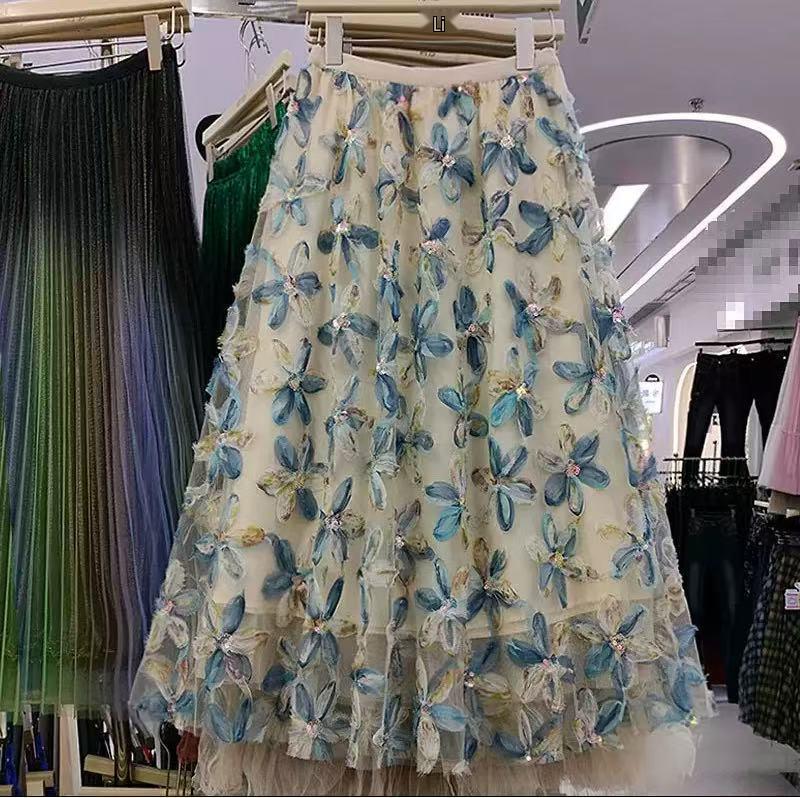 Women's French Romantic A-Line Mesh Skirt with 3D Flowers - Elastic Waist, Stunning Summer Design