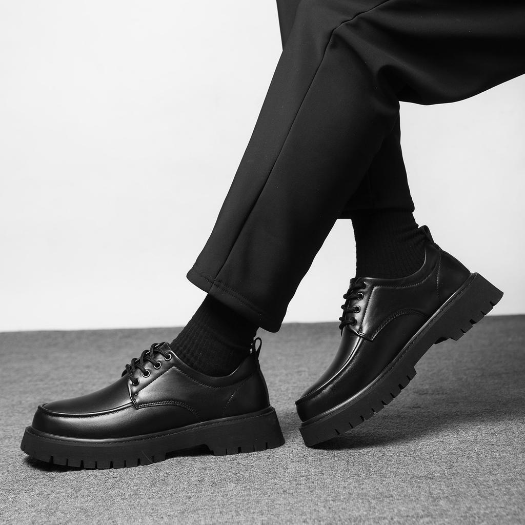 Spring and Autumn thick-soled heightening shoes, black fashionable men's casual leather shoes