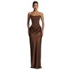 European Waist-Cinched Solid Color Strapless Satin Bodycon Dress with Lace-Up Ribbon