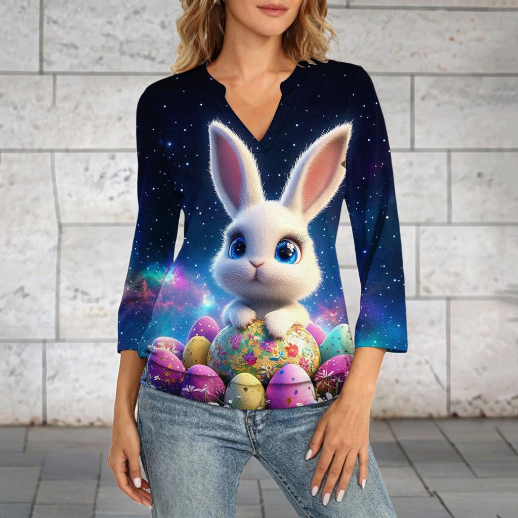 Damen 3/4 Ärmel Oberteil Saum V-Ausschnitt Sommer Freizeit T-Shirt Ostern Bedrucktes Oberteil