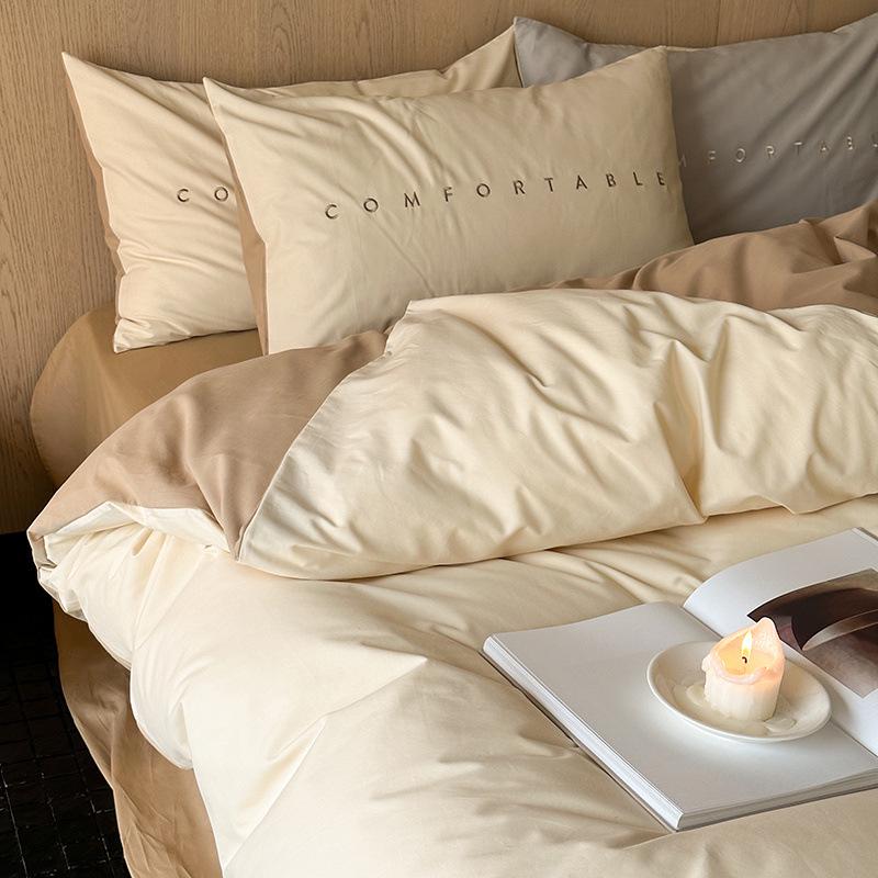 Class A 100s Premium Cotton Flannel 4-Piece Winter Embroidered Bedding Set - Thickened Bed Sheet & Duvet Cover