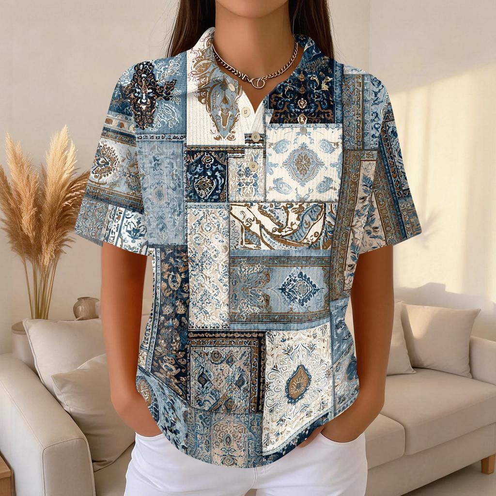 Women's Casual Short Sleeve Waffle Knit Polo Shirt Retro Floral Print Button Down Top Lightweight Breathable Summer Blouse