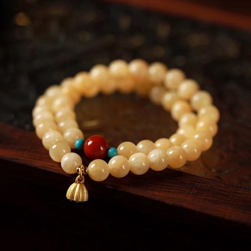 Elegant Yellow Jades Flower Pendant Bracelet Artisanal Crafted Jewelry Retro Style Symbolizing Happiness And Harmonies