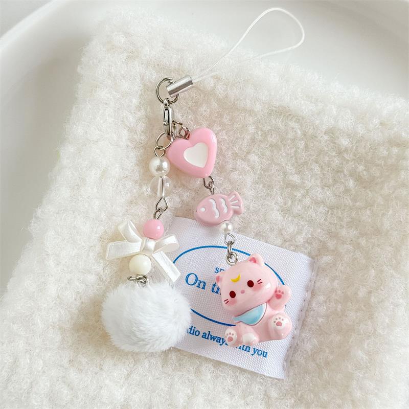 

Cute Sweet Cat Fur Ball Beads Mobile Phone Chain Lanyard Love Bow Kitten Charm Keychain Pendant Girly Bag Hanging Ornament Gifts