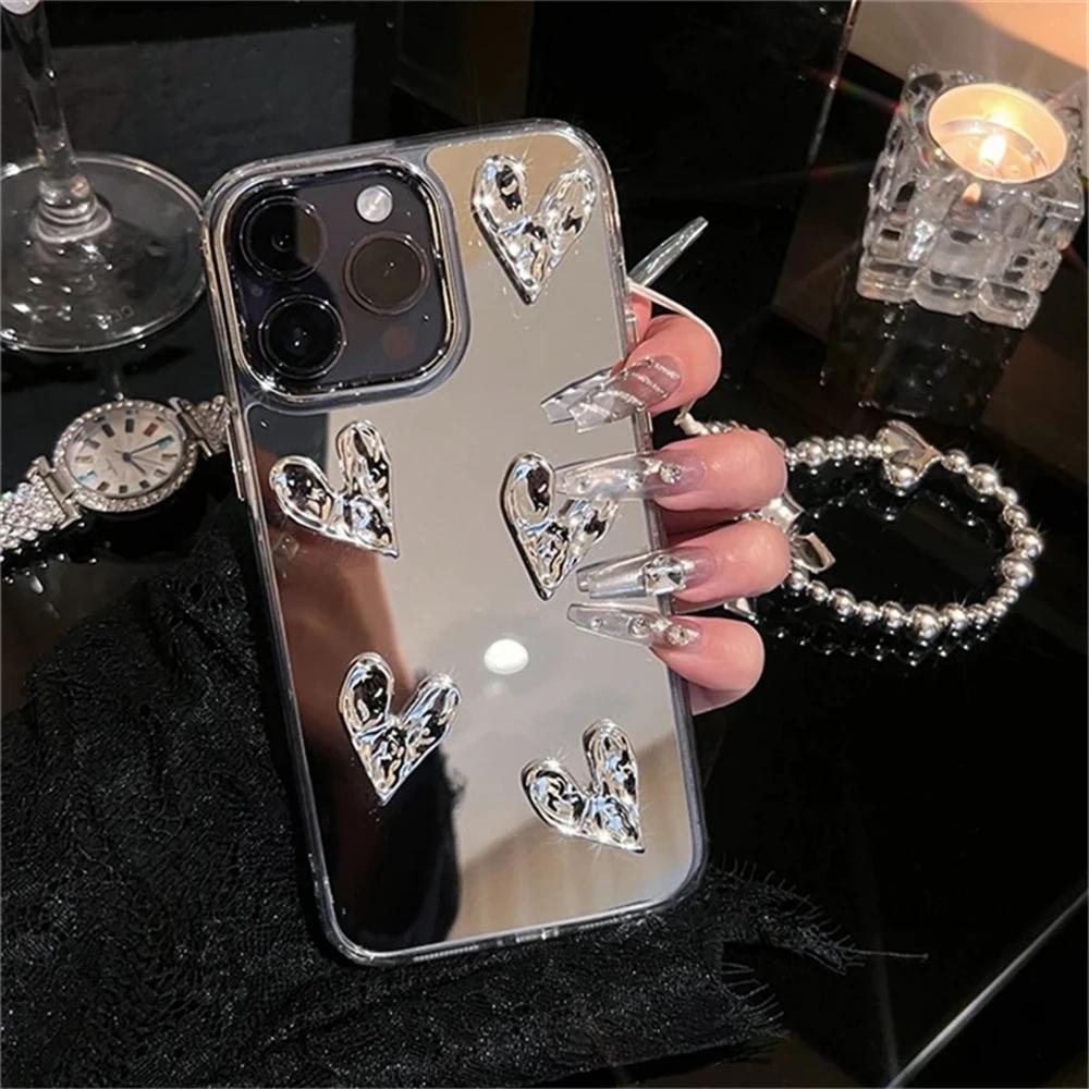 Stylish Korea Cute 3D Love Heart Bralet Phone Case For iPhone 17 Air 16 15 13 11 12 Pro Max 14 Plus Silvery Mirror Girl Cover