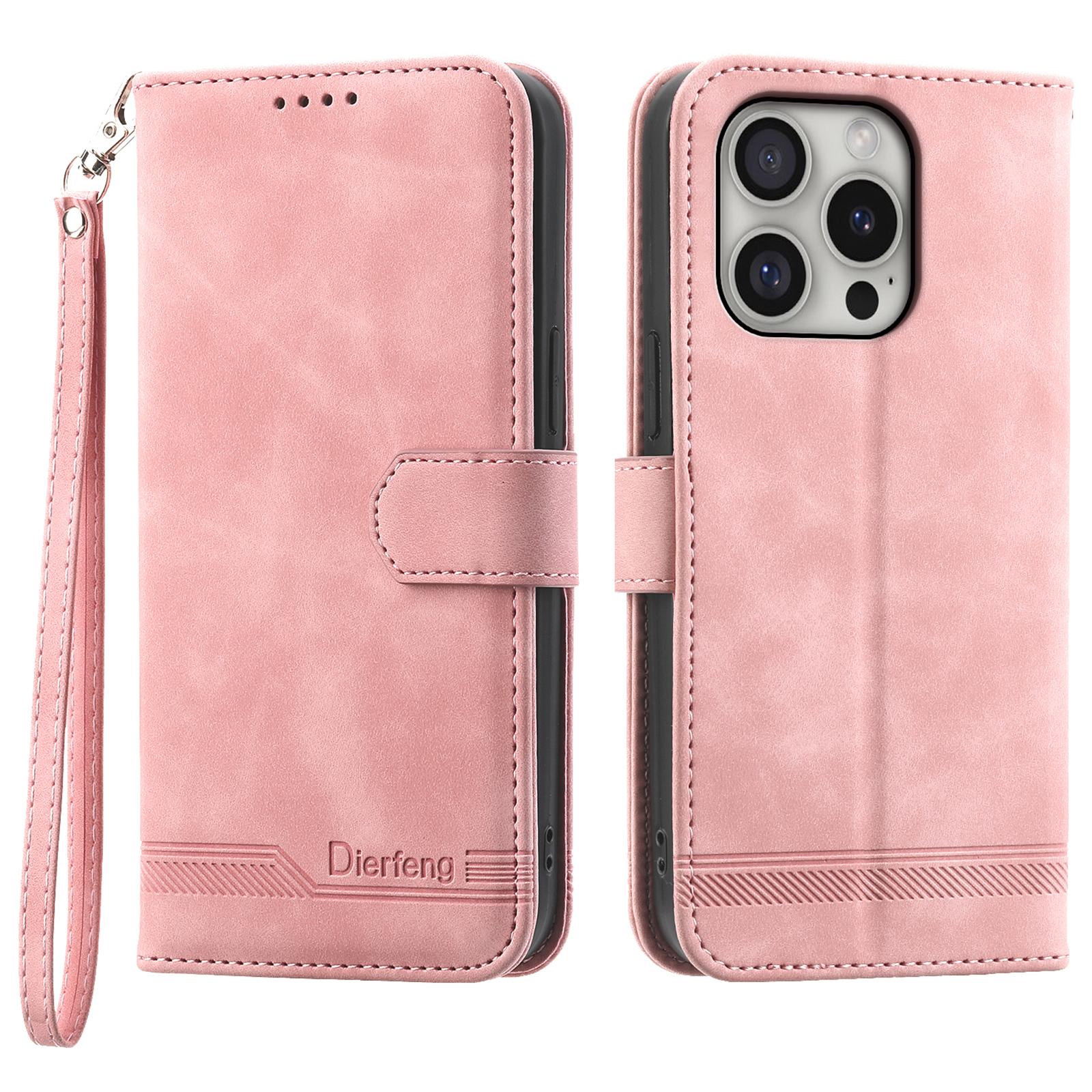 

DIERFENG DF-03 For iPhone 16 Pro Leather Case Lines Imprinted Wallet Phone Cover Pink