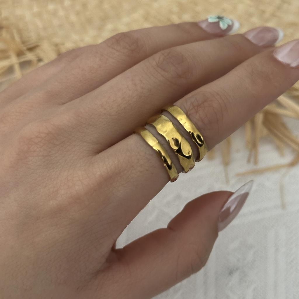 Stainless Steel Gold Color Love Heart Ring Set For Women Hollow Flower Geometric Finger Rings Party Vacation Waterproof Jewelry