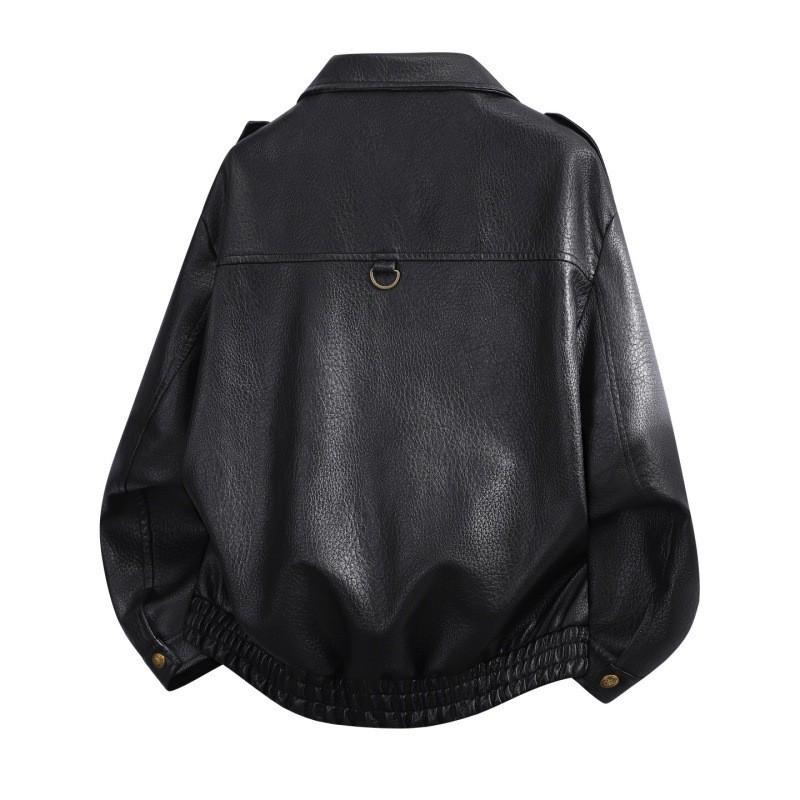 Mens Vintage Leather Jacket Casual Outerwear Loose Fit Stand Collar Retro Style