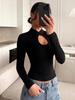 2026 Hollow Out Black Blouse Women Fashion Slim Fit Button Design Long Sleeve Short Top Slim Fit Women T-Shirt Solid Color Crop Tee Sexy Cothing