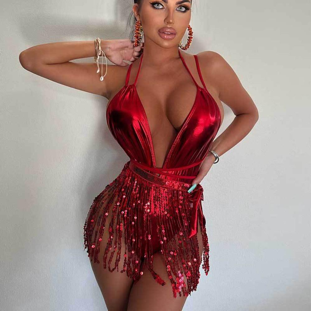 

Купальник женский сексуальный глубокий V-образный купальник кисточка спортивный костюм цельный купальник бикини L красный