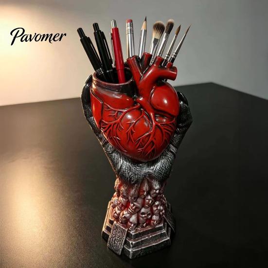 Spooky Theme Room Accessories Hand Holding Human Heart Organ Vase, Gothic Anatomical Shaped Resin Sculpture Halloween Desktop Flower Pot for