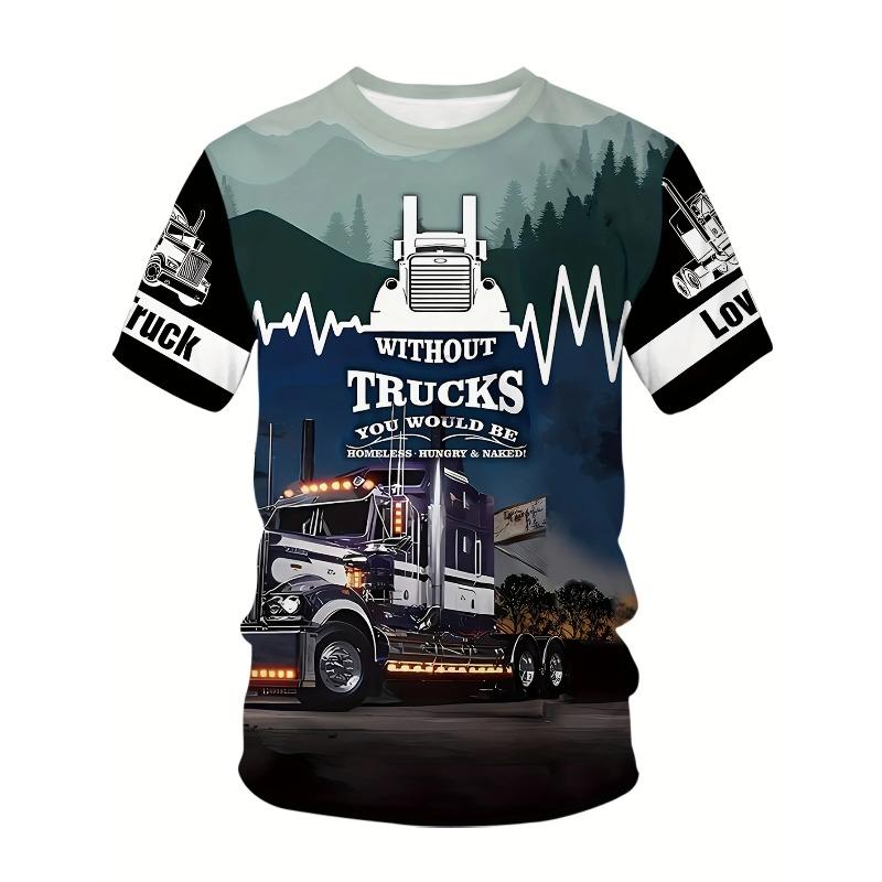 Stylish Plus Size Men's T-Shirt with 3D Truck Print - Casual & Sporty Stretch FabricMachine Washable PLUS SIZE