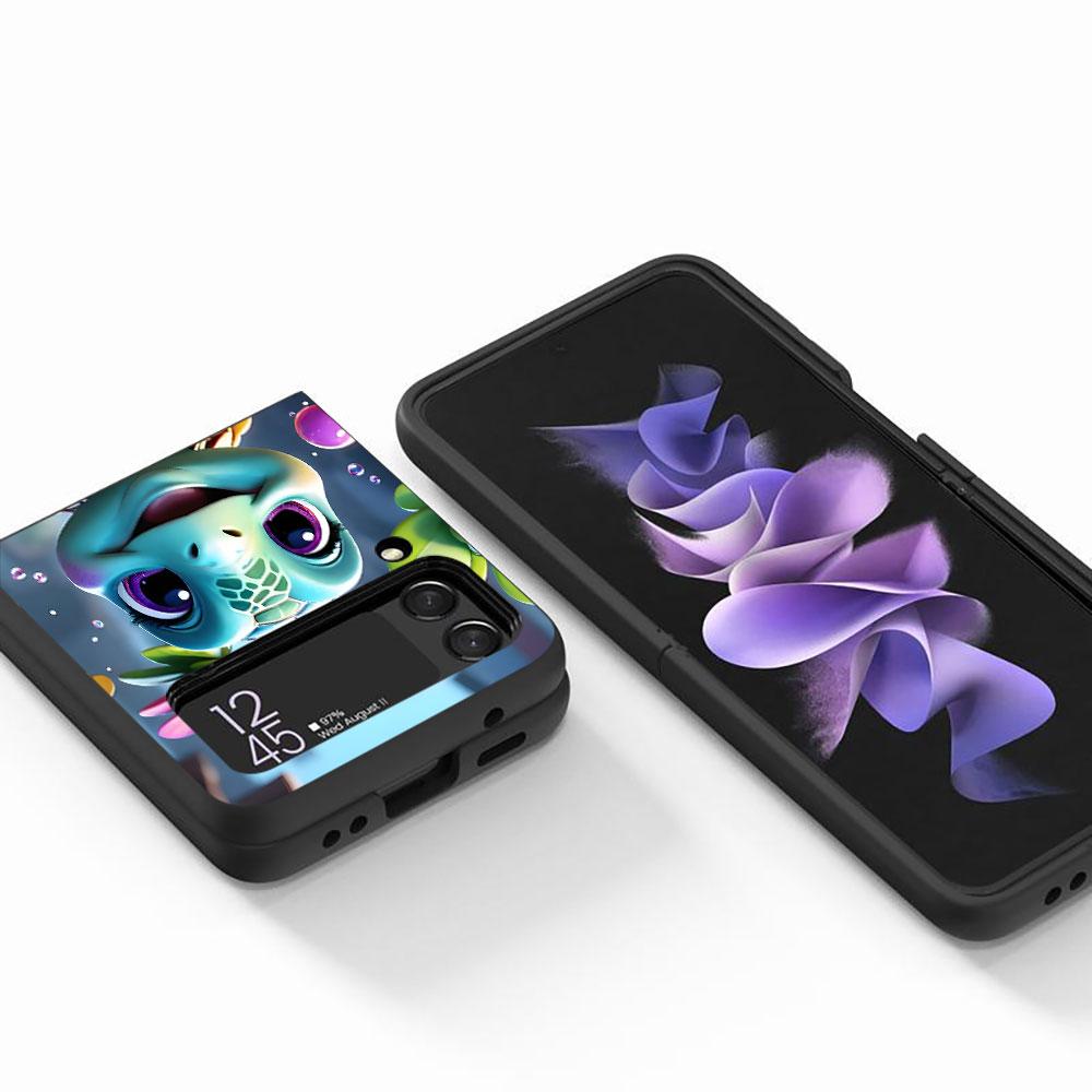 Cute Little Turtle Luxury Case for Samsung Galaxy Z Flip4 Flip3 5G PC Hard Cell Phone Shell Z Flip 4 3 Black Zflip4 Zflip3 Cover