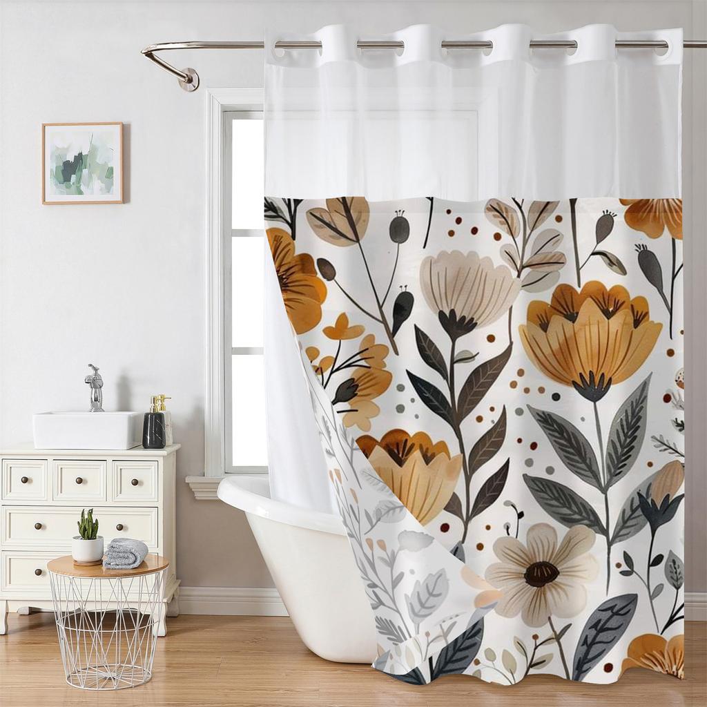 No Hook  Floral Pattern Shower Curtain With Snap-in Fabric Liner, Sheer Top Window, Waterproof Double Layer Bathtub Curtain