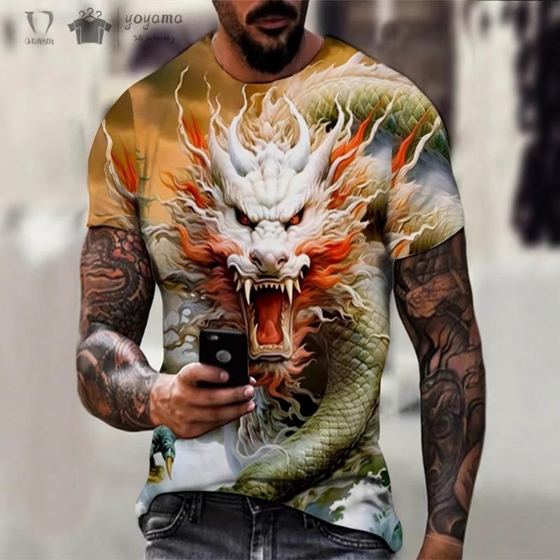 Men's Summer 3D Digital Printed Divine Dragon Round Neck Short Sleeved T-shirt