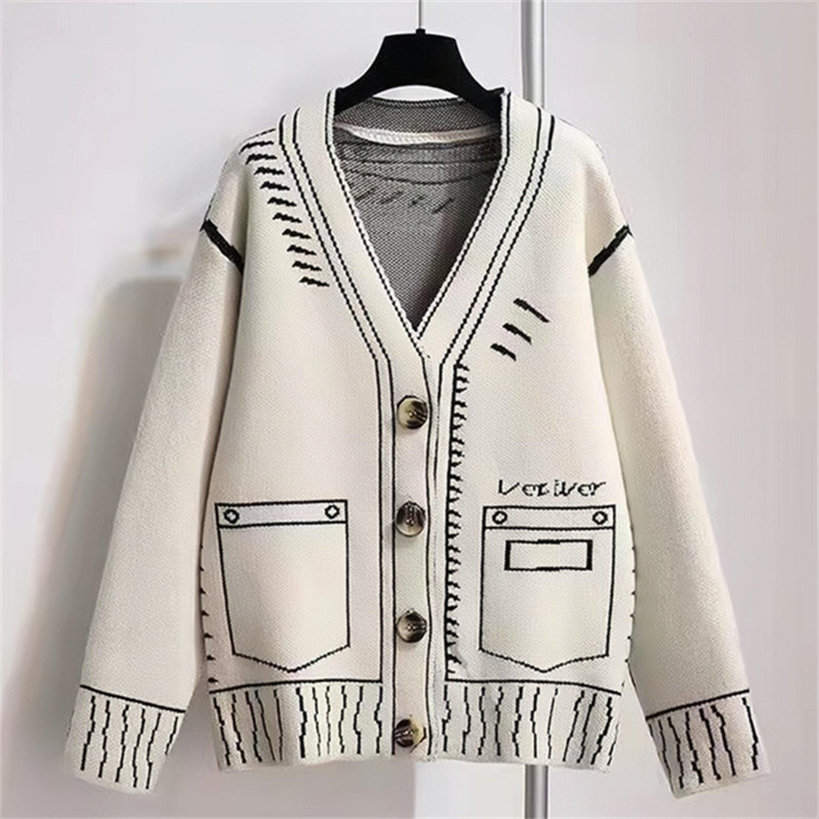 

New Autumn and Winter Black and White Silhouette Painting Graffiti Loose Lazy Cardigan Jacket Knitted Top Sweater S білий