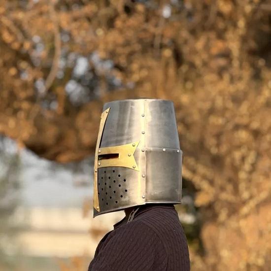 Templar Grey Crusader Knight Helmet Medieval Great Helm, Larp And Cosplay Helmet ,Handmade Steel  Brass Helmet