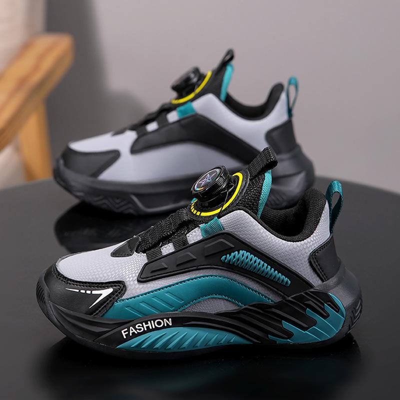 Children's Shoes Boys 2025 Spring and Autumn Rotary Buckle Sneakers Leather Waterproof Primary School Students Running Shoes for Older Children