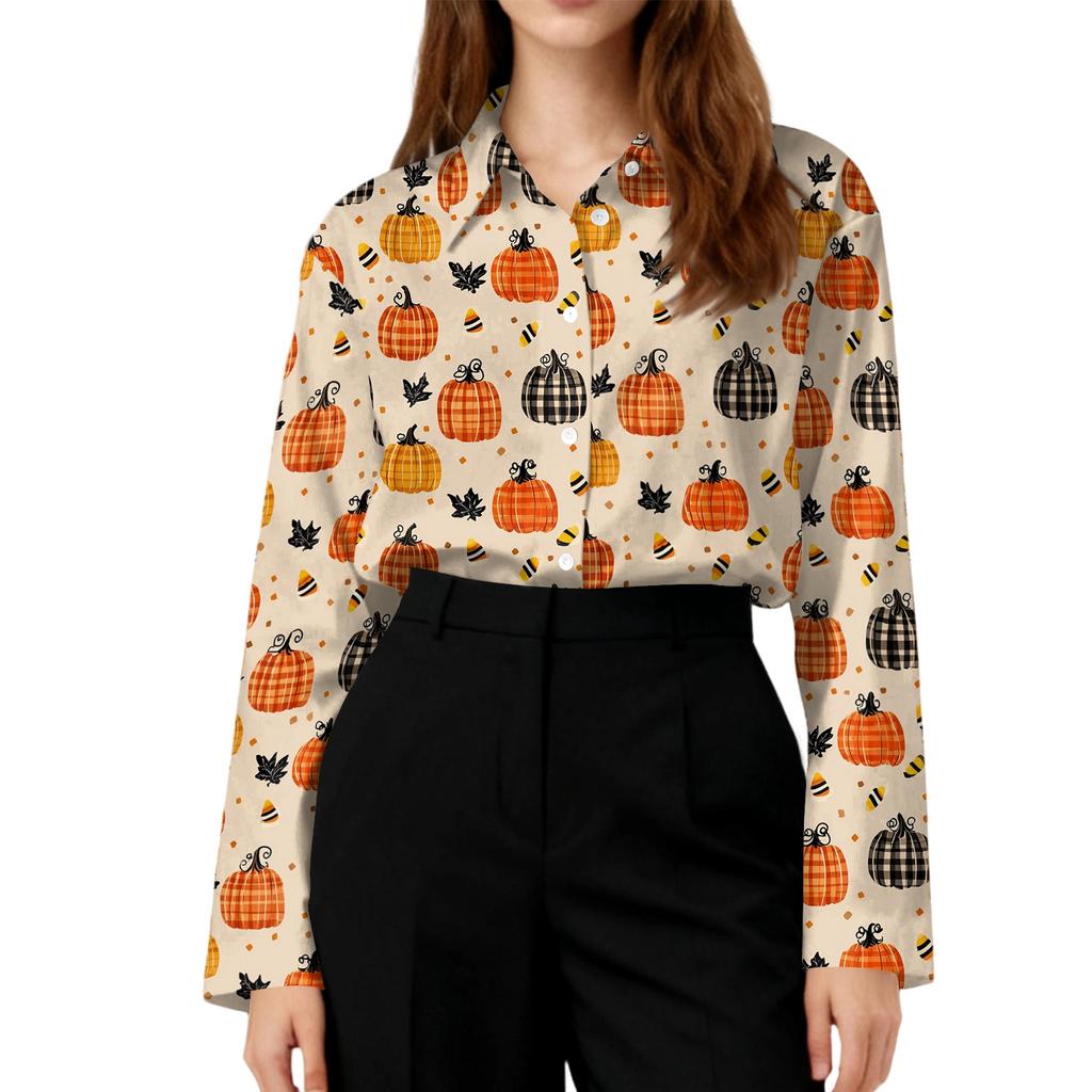 Women's Long Sleeve Button Down Shirt Casual Regular Fit Collared Top with Halloween Pumpkin Print Pattern for Seasonal Wear