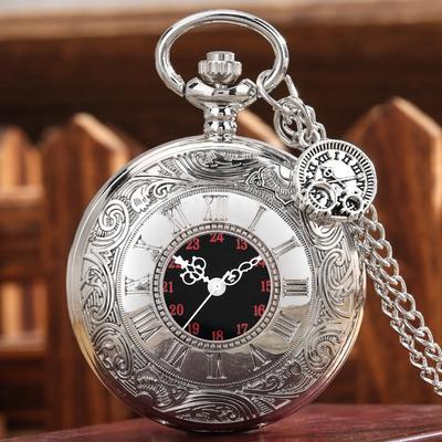 Vintage Pocket Watch Antique Roman Number Quartz Steampunk Pocket Watches Black Hollow Out Pendant Clock Chain Necklace Men Gift