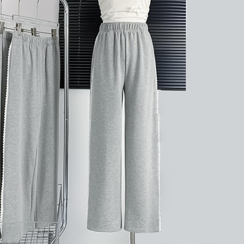 Spring and Autumn Women's Fashion Solid Colour Lace Splicing High Waisted Loose Wide Leg Pants