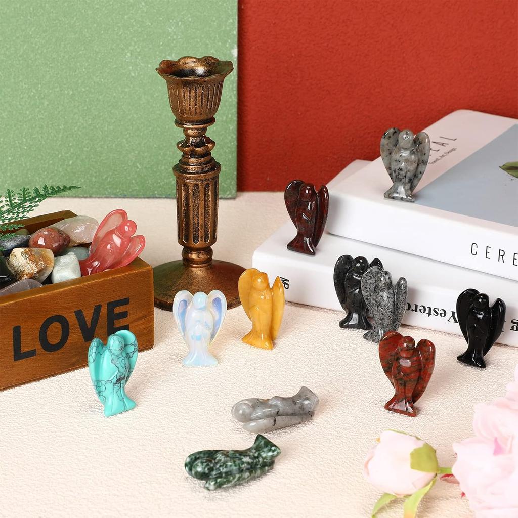 Nuenen 12 Pieces Crystal Angel Figurines Bulk Guardian 1.5 Inch Angel Statue Stones Gemstones Crystals Carved Stones for Easter Decor Gifts Home