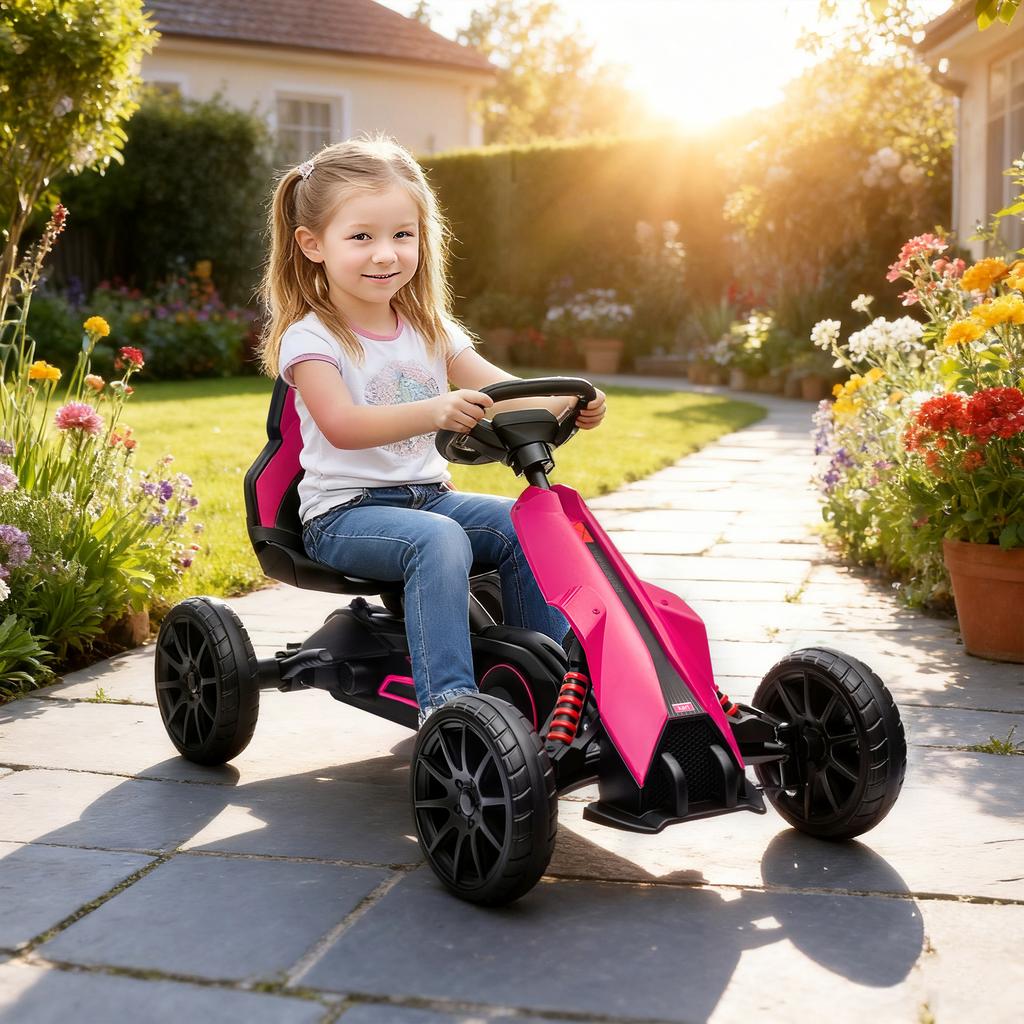 Kids Pedal Go Kart, with Adjustable Seat, EVA Wheels, Seat, Handbrake - Pink