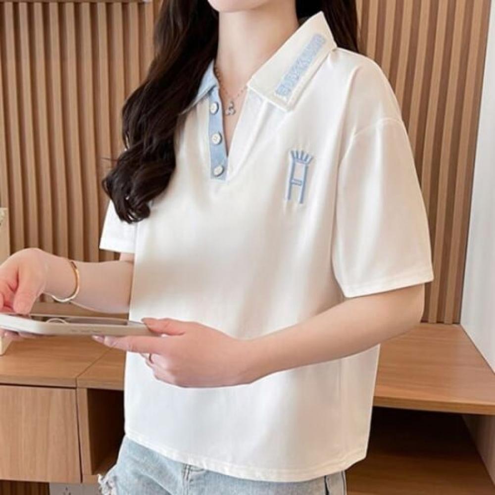 Navava Women Color AccenT BuTTon Collar ShorT Sleeve T shirT nT2479