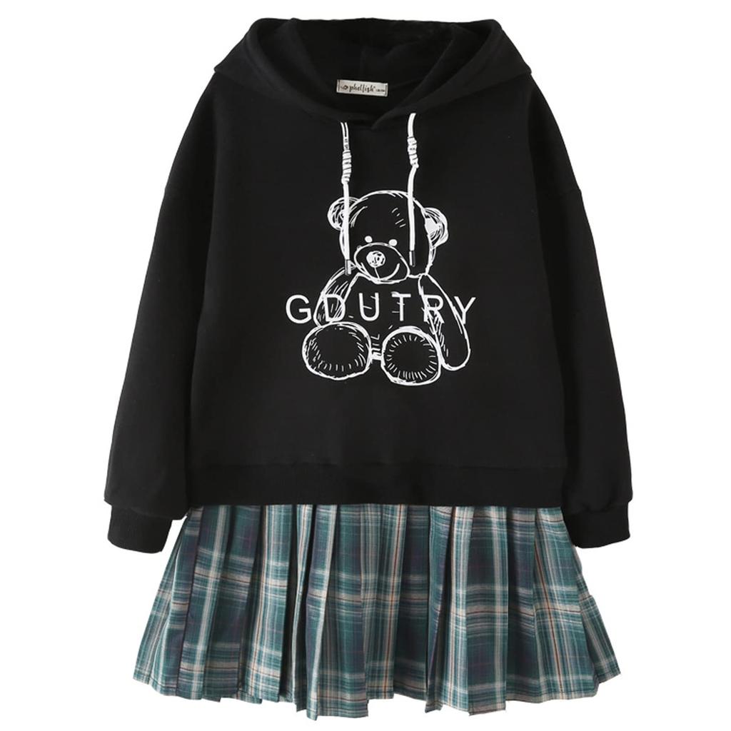 Hoodie with Bear Pleated Long Layered Casual Sizes Perfect for Everyday and YY-Natuhi Girls' Dress, Print, Skirt, Sleeves, Look, Tunic, 110-160cm,