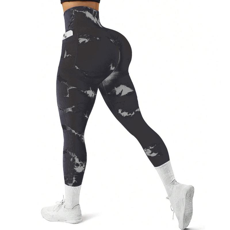 Nackte Batik-Seitentaschen-Yogahose für Herbst und Winter für Damen, hohe Taille, Hüftlift, enger Sport und Fitness