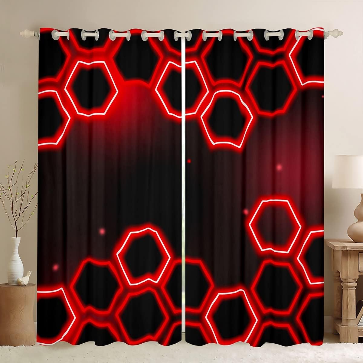 

2-панельные светящиеся соты с шестигранным геометрическим принтом шторы для спальни, игровой комнаты, гостиной, окон, люверсов, карманов, штор (W50cmxH130cm)x2&Grommet Top