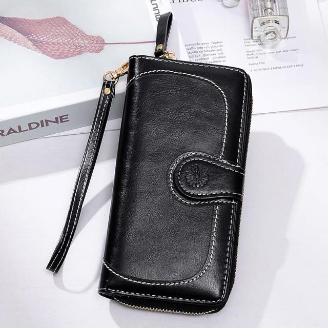 

Длинный женский кошелек с ремешком для денег, винтажный кожаный кошелек на молнии, женский клатч, карман для телефона, кошелек для монет, держатель для карт Cartera чёрный