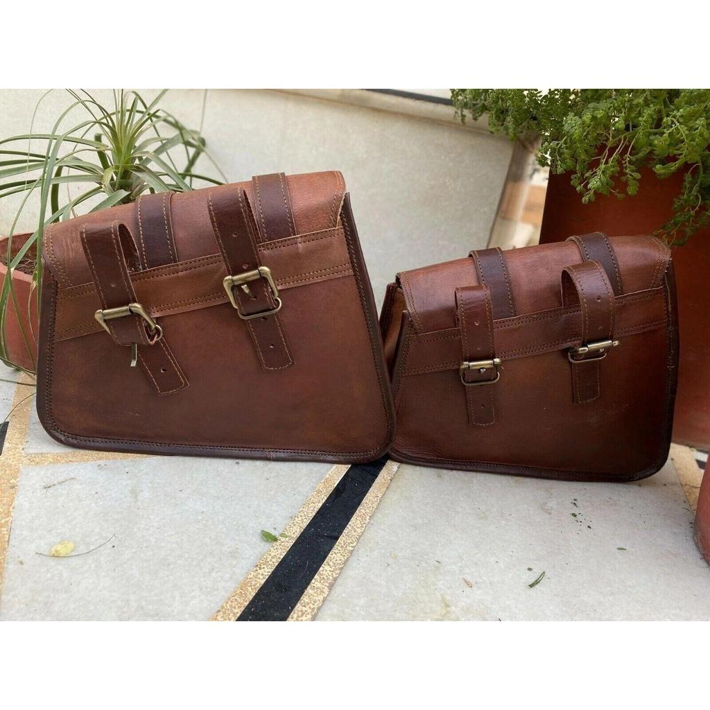 Motorcycle Leather Pouch Panniers Brown Side Saddle Bag Saddlebags Bags Tool 3