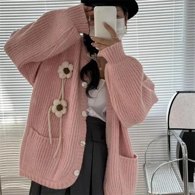 Korean Women's Sweater Solid Color Flower 3D Decoration Ladies Knitwear Autumn and Winter New Cute Long Sleeve Cardigan