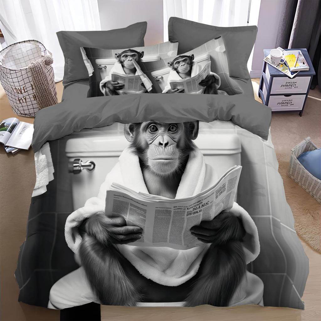 3D Gorilla Bettbezug Kopfhörer Gorilla Bettwäscheset Wildtiermuster Bettdeckenbezug Aquarell Blau Polyester Steppdeckenbezug