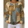 Women'S Henley Collar Button-Long Sleeve Top, Retro Distressed Patchwork Printed Casual Loose Pullover Sweater