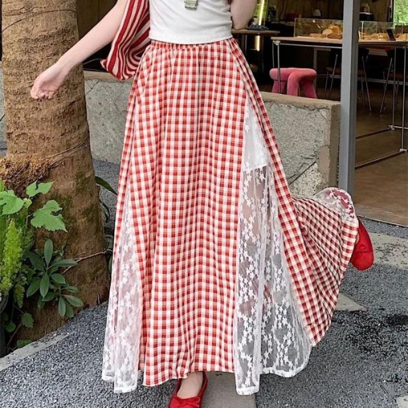 High-Waist A-Line Plaid Skirt with Lace Trim, Plus Size