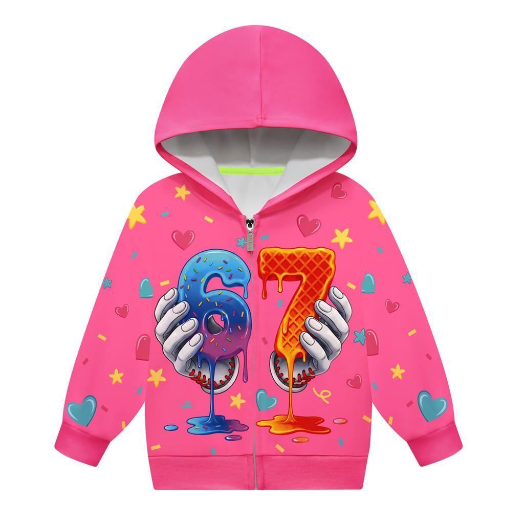 Mädchen Anime Cartoon Steal a Brainrot 67 Aufdruck Lässige Kapuzenjacke mit Reißverschluss Langarm Jacke Mantel