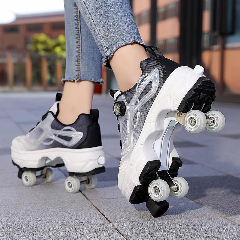 35-44 Boys/ Mens Skate Shoes Walking Shoes  Four-wheeled Roller Skates for Women One-button Retractable Adult Double-row Deformation Shoes