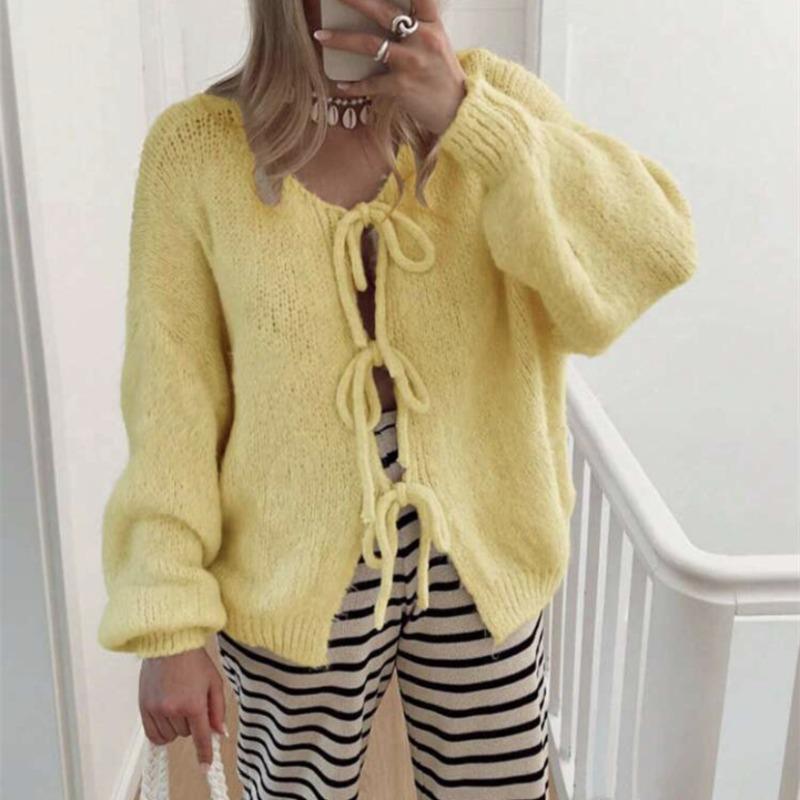 Autumn and winter women's new sweater loose lace-up cardigan knitted bow top coat