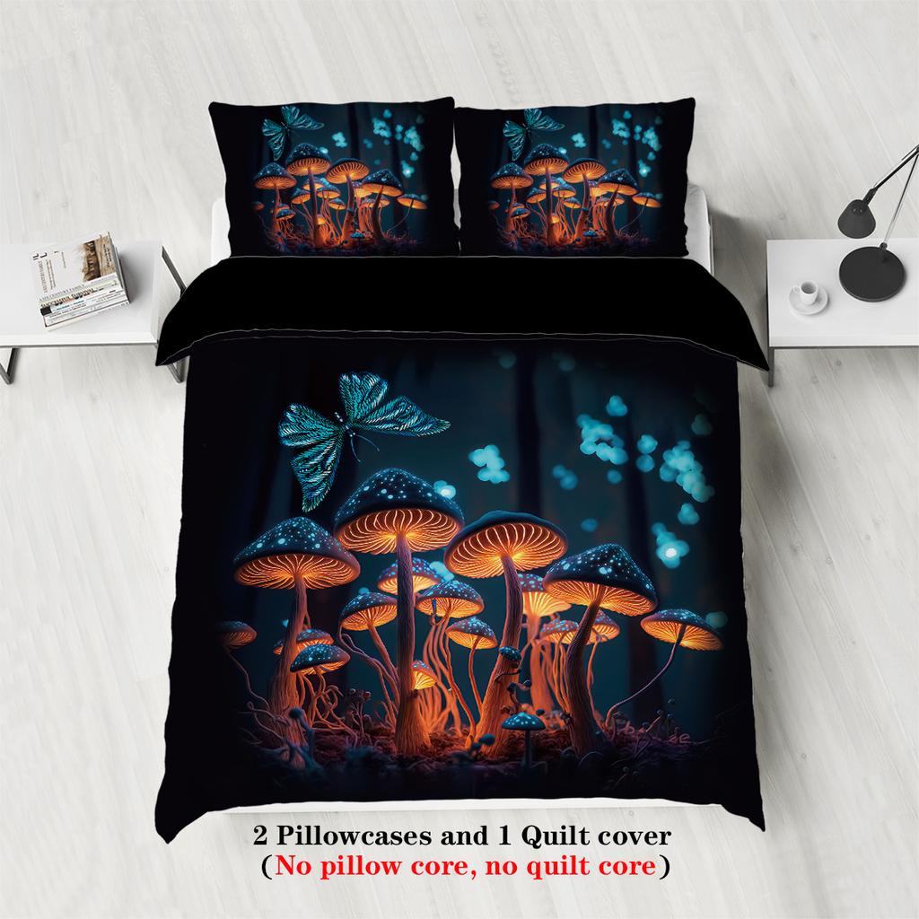 3-piece Set, Glowing Mashroom Pattern Printed Duvet Set, Queen, King, Double Bed, Party  Funny and Creative Bedding Set