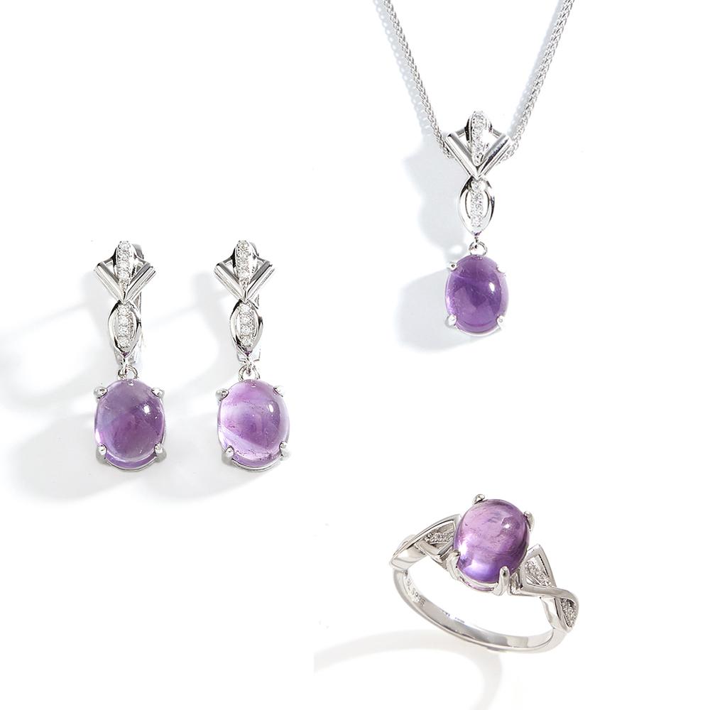 

925 Sterling Silver jewelry set rings earrings necklace Natural Amethyst oval 8*10mm fine jewelry for women s banquet gifts US RING SIZE:10# фіолетовий