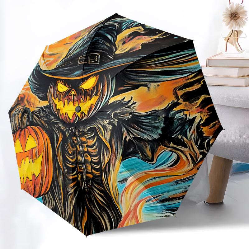 1pc Halloween Pumpkin Scarecrow Automatic Folding Umbrella, Lightweight Retractable Compact Travel Umbrella, 8-Rib Sturdy Frame111