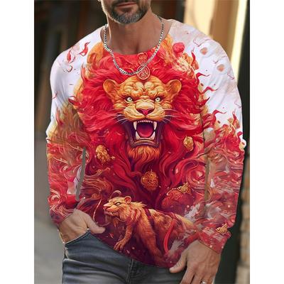Men Spring Autumn Animal T Shirts Round Neck Long Sleeves Top Men's Sport Wear Plus Size Vintage 3d Print T Shirt