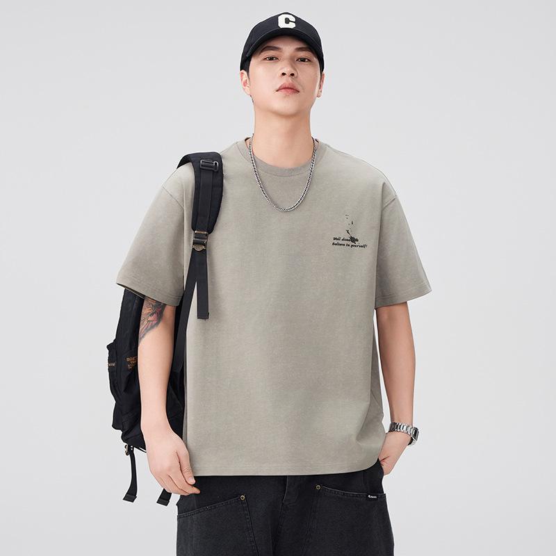 Summer Heavy Pure Cotton Short-sleeved T-shirt for Men's New Hand-painted Printed Loose Round Neck Half-sleeved Top
